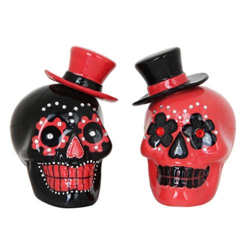 Pacific Giftware Day of Dead Sugar Black & Red Skulls Salt & Pepper Shakers Set Rhinestone DOD Top Hat