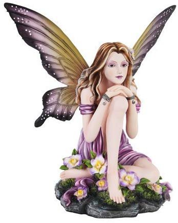 Purple Winged Pondering Fairy Sitting in Flowers Statue Figurine