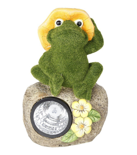 Solar Powered Frog On Garden Rock Sculpture In Flocked Artificial Grass Decorative Sculpture 13.5 Inches…