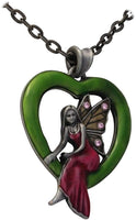 Masada Jewelry, Green Enamel Heart Fairy with 4 Lavender Gems, Pendant, on 24 Inch Chain Necklace