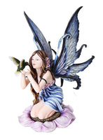 14.25 Inch Blue Winged Fairy with Humming Bird Statue Figurine