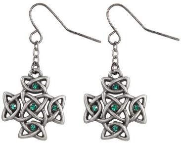 Celtic Cross with Green Crystal Pewter Earrings Jewelry- Mystica Collection