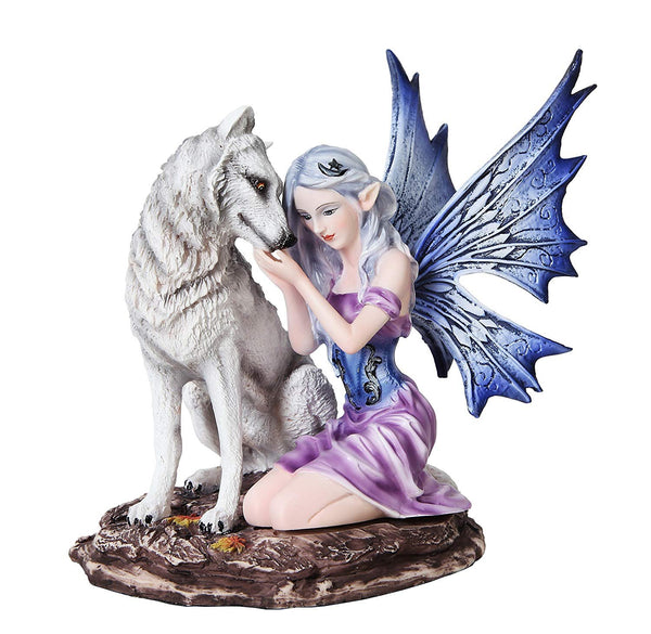6.75 Inch Blue Winged Fairy with White Wolf Resin Statue Figurine