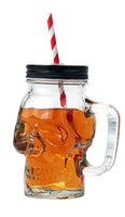 Pacific Giftware Novelty Glass Skull Face Drinking Mug Mason Jar with Glass Handles 13oz with Lid and Straw