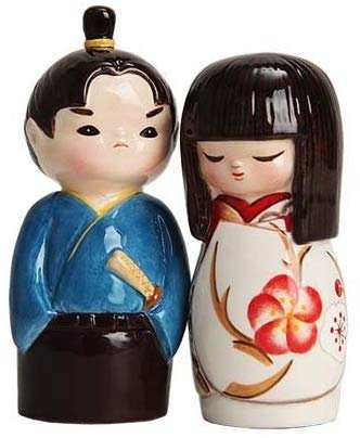 JAPANESE KOKESHI COUPLE CERAMIC MAGNETIC SALT PEPPER SHAKERS by Attractives