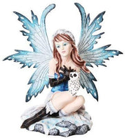 12.75 Inch Blue Ice Winged Fairy with White Owl Statue Figurine