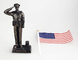 Police Officer Cold Cast Bronze Men In Blue Salute Stars and Stripes Honoring America's Finest Desktop Collectible Pen Holder