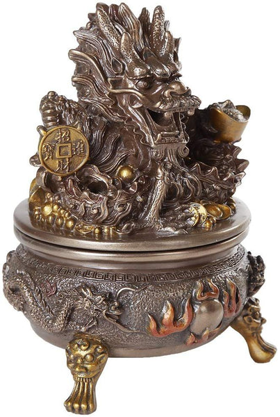 Pacific Giftware Oriental Fengshui Antique Dragon Lidded Incense Burner Cast Bronze Finish Auspicious Collectible 6 inch H