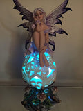 Purple Elegante Flower Fairie Sitting on Changing Color Led Orb MeadowMushroom Fairy Statue