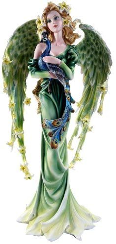Large Graceful Peacock Fairy with Lily Flowered Wings Embracing Peacock Figurine 22 Inch