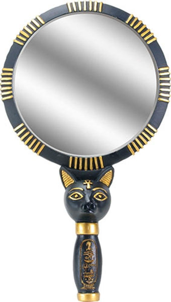 1.5 Inch Black and Gold Colored Bastet Hand Mirror with Egyptian Cat