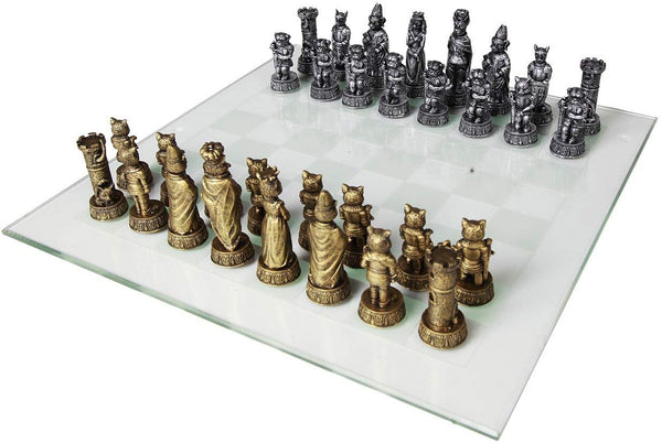 Cats Versus Dogs Chess Set 3.5 Inch Tall Hand Painted with Glass Board
