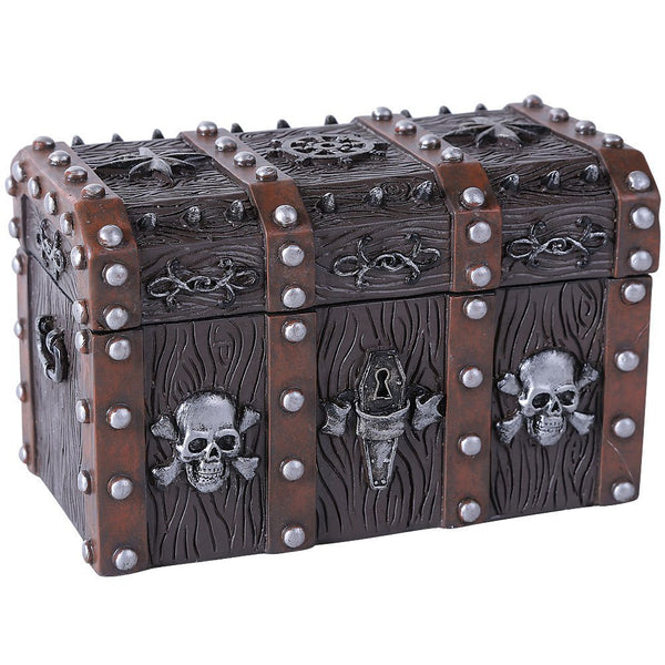 Handpainted Resin Weathered Metal/Wood-Look Mini Pirate Skull Treasure Chest
