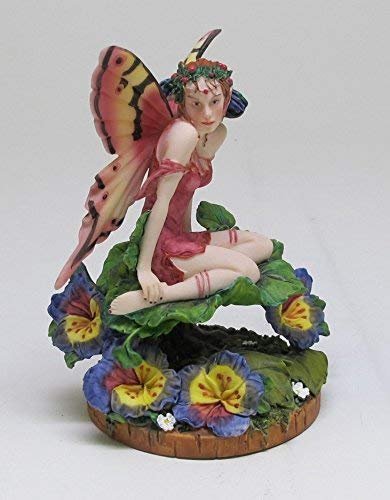5.5 Inch Viola Pansy Fairy Sitting on Flowers Statue Figurine