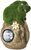 Solar Powered Rabbit On Garden Rock Sculpture In Flocked Artificial Grass Decorative Sculpture 13.5 Inches