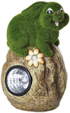 Solar Powered Rabbit On Garden Rock Sculpture In Flocked Artificial Grass Decorative Sculpture 13.5 Inches