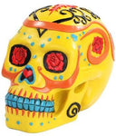 6 Inch Yellow with Rose Pattern Day of The Dead Skull Statue Figurine