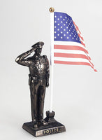 Police Officer Cold Cast Bronze Men In Blue Salute Stars and Stripes Honoring America's Finest Desktop Collectible Pen Holder