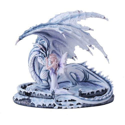 Large White Adoring Fairy With Blue Dragon Figurine Handpainted Resin
