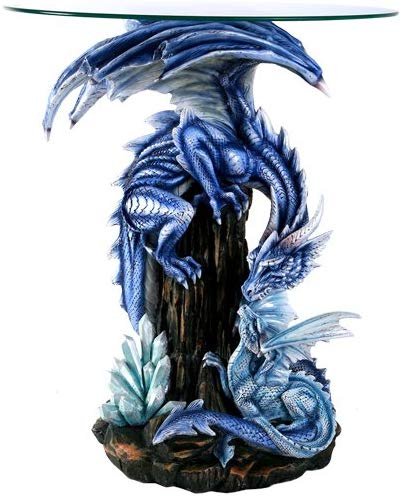 Pacific Giftware Beautiful Large Blue Dragon Guardian Protecting Young Accent Table 28 Inch Glass Top