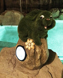 Solar Powered Rabbit On Garden Rock Sculpture In Flocked Artificial Grass Decorative Sculpture 13.5 Inches