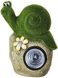 Solar Powered Garden Snail On Rock Sculpture In Flocked Artificial Grass Decorative Sculpture 13.5 Inches