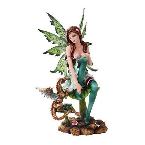 PTC 10 Inch Green Winged Fairy Sitting with Baby Dragon Statue Figurine