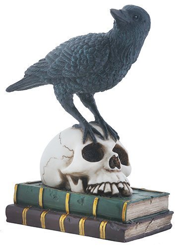 YTC Quoth The Black Raven on Skeleton Skull and Books Decorative Statue