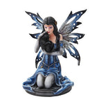 8.5 Inch Blue Winged Mystical Fairy Cradling Cat Statue Figurine