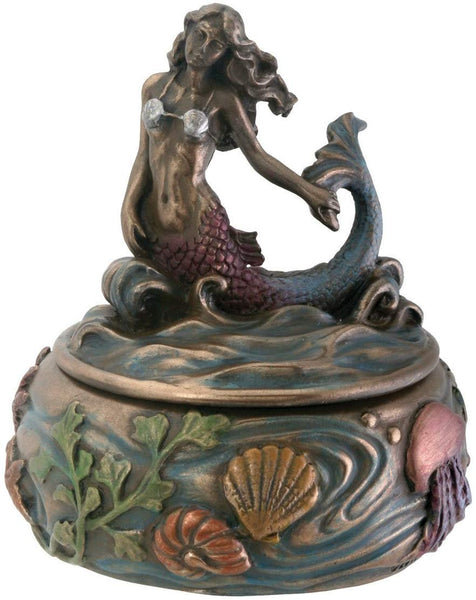Riding Wave Mermaid Fantasy Art Nouveau Jewelry Box with Kelp and Sea Creature D