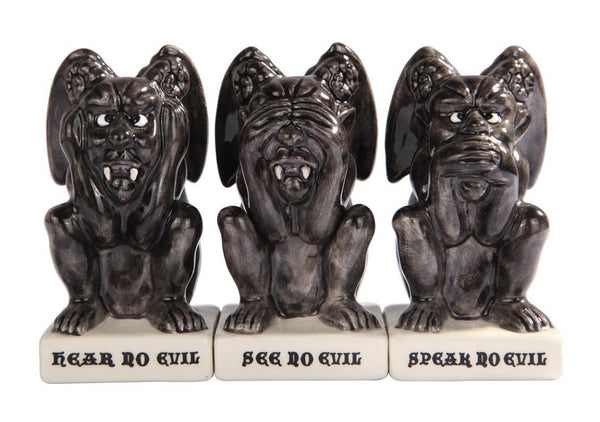 Gothic Gargoyles See Hear Speak no Evil Ceramic Salt Pepper Shakers And Toothpick Holder Attractives Trio!
