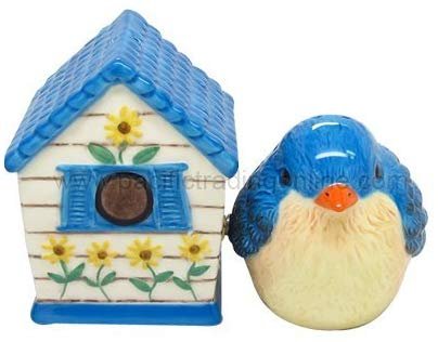 Hand Painted Ceramic Magnetic Salt and Pepper Shaker Set- Bird and Birdhouse