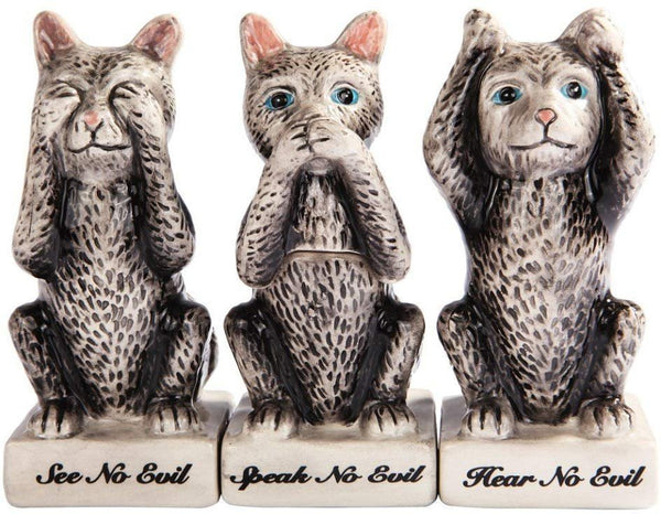 Grey Kitties Cats See Hear Speak no Evil Ceramic Salt Pepper Shakers And Toothpick Holder Attractives Trio!