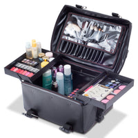Professional Makeup Artist 2 in 1 Rolling Makeup Train Case Cosmetic Organizer Soft Trolley w/Storage Drawers & Metal Buckles