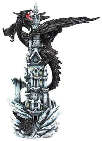24 Inch Black Dragon on Magical Castle Mystical Statue Figurine