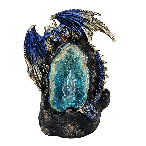 Pacific Giftware Guardian Blue Dragon On Color Changing LED Lighted Geode Rock Cavern Figurine Tabletop Display