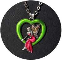 Masada Jewelry, Green Enamel Heart Fairy with 4 Lavender Gems, Pendant, on 24 Inch Chain Necklace
