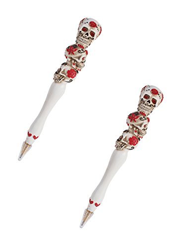 Set Of Two White Dias De Los Muertos Day Of The Dead Sugar Skull Stationery Pen