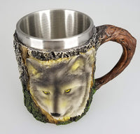 Alpha Grey Wild Wolf Coffee Mug Tree Bark Stainless Steel Tea Wolves 3D Head Gray