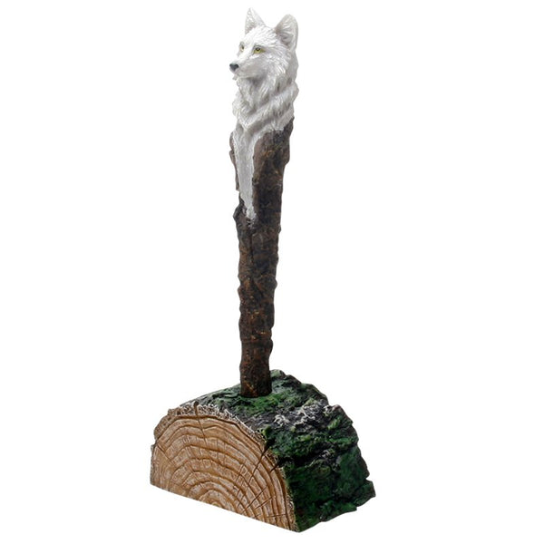 PACIFIC GIFTWARE White Wolf Pen with Rustic Tree Bark Holder Stand Hand Painted Figurine