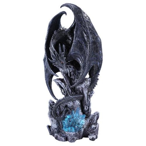 PACIFIC GIFTWARE Large Dark Age Black Dragon w/ LED Light Blue Crystal Rock 18"H