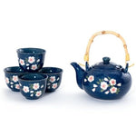 JAPAN COLLECTION Cherry Blossom Ceramic Blue Tea Pot and Cups Set Serves 4