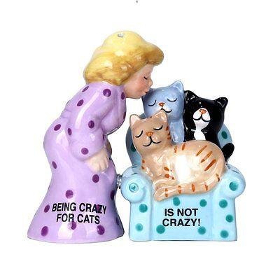 Crazy for Cats Lady Ceramic Magnetic Salt and Pepper Shaker Set