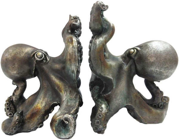 PACIFIC GIFTWARE Antique Silver Octopus Decorative Bookends Set 5 Inch Tall