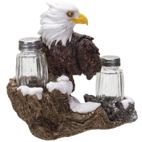 PACIFIC GIFTWARE American Bald Sea Eagle Spiritual Realistic Decorative Glass Salt and Pepper Shakers Set with Resin Holder Stand