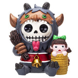 Furrybones Krampus Signature Skeleton in a Krampus Costume with a Little Girl Hostage Friend 3.5” Tall