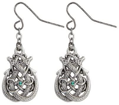 MYSTICA JEWELRY COLLECTION Celtic Dragon with Green Crystal Pewter Earrings Jewelry