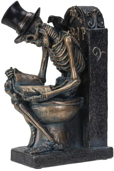 Pacific Giftware RIP Bronze Finish Skeleton Reading on Toilet Tombstone Bathroom Office Decor 8” Tall