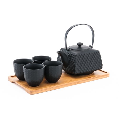 JAPAN COLLECTION Black Ceramic 24 oz Tea Pot 4 cups Set with Bamboo Tray and Infuser