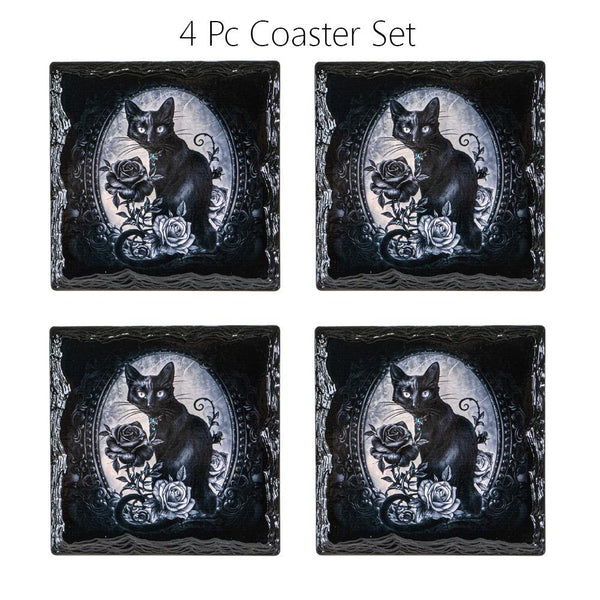 PACIFIC GIFTWARE Black Cat Roses Slate Ceramic Coaster With Cork Backing Set of 4